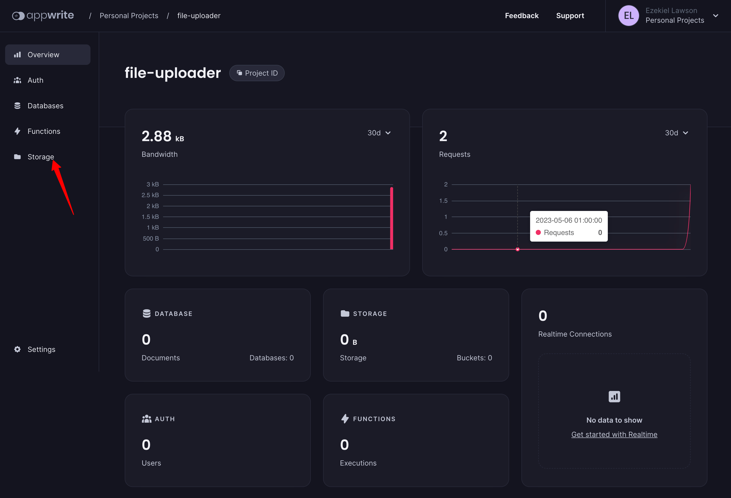 On the left side or our appwrite screen is a list of menu options. An arrow is highlighting the Storage option.