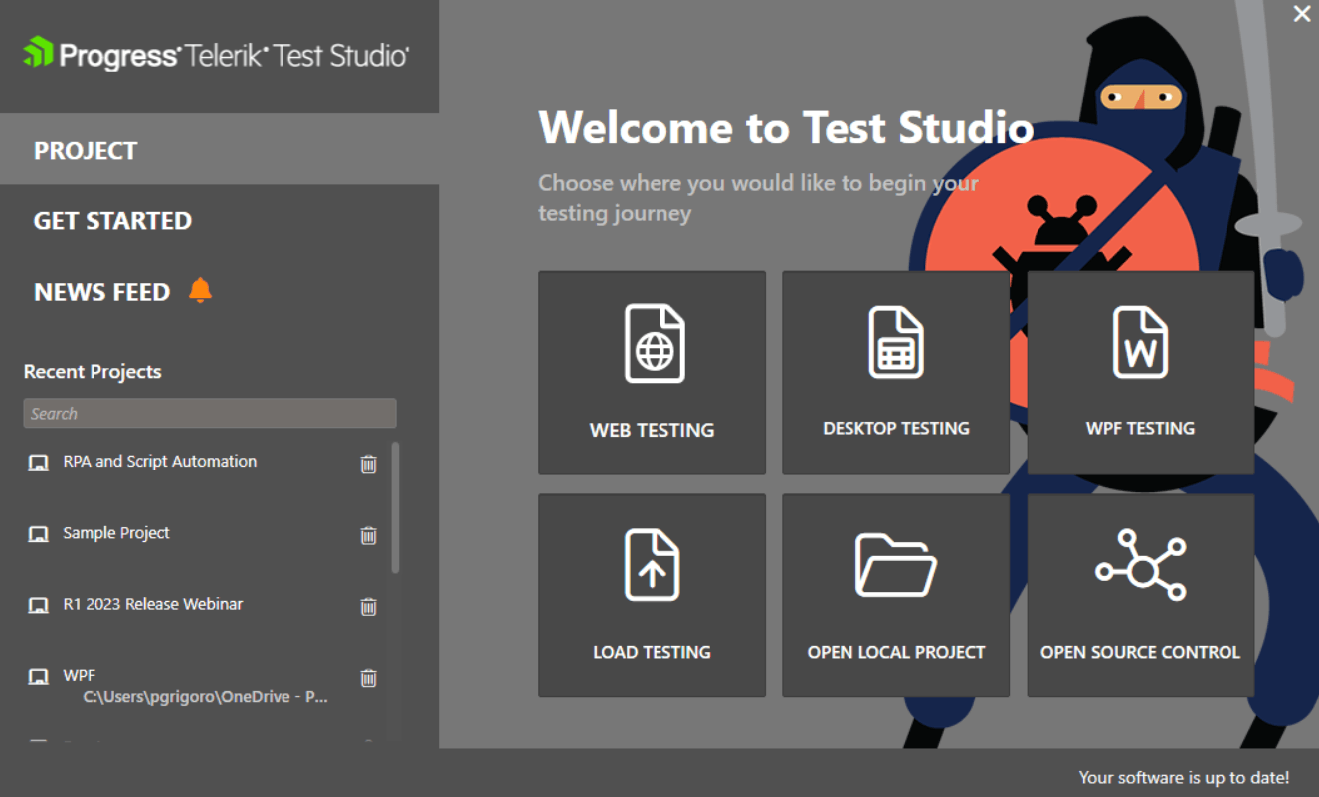 Welcome to Test Studio screen has options for web testing, desktop testing, wpf testing, load testing, open local project, and open source control