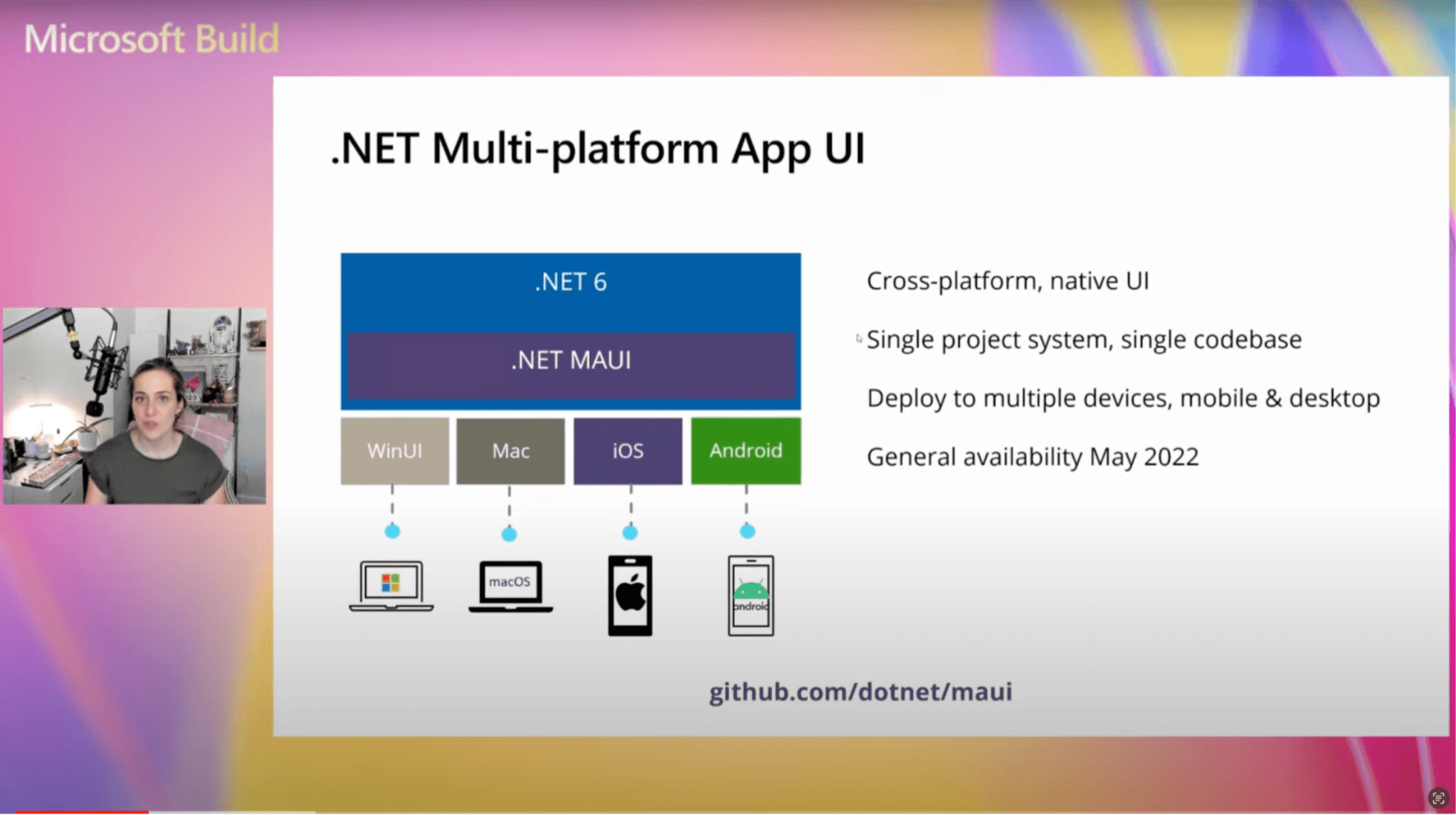 cross-platform, native UI; single project system; deploy to multiple devices, mobile & desktop; general availability May 2022