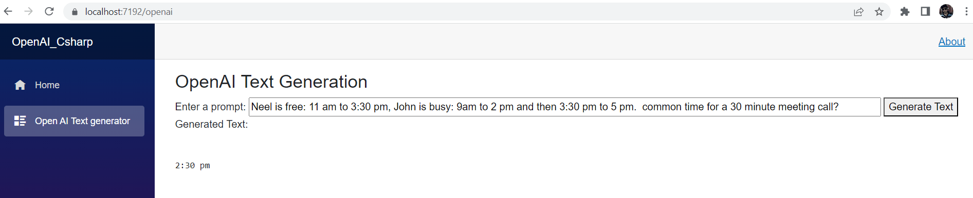 Prompt: Neel is free 11 am to 3:30 pm, John is busy 9am to 2 pm and then 3:30 pm to 5 pm. Common time for a 30 minute meeting call? Generated text: 2:30 pm