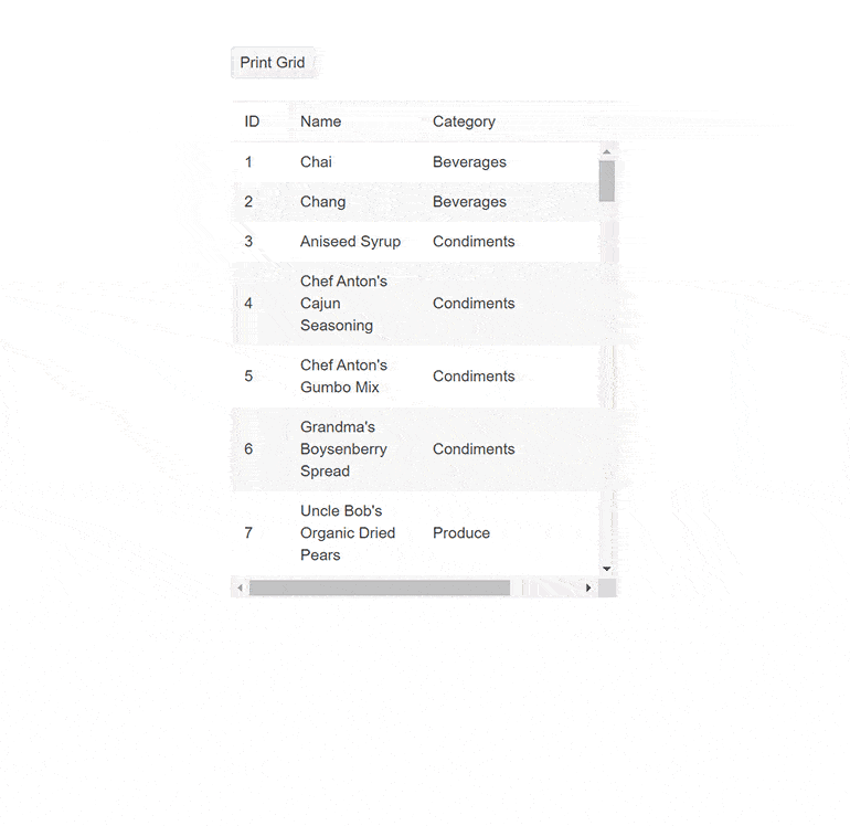 Print Grid opens print options window