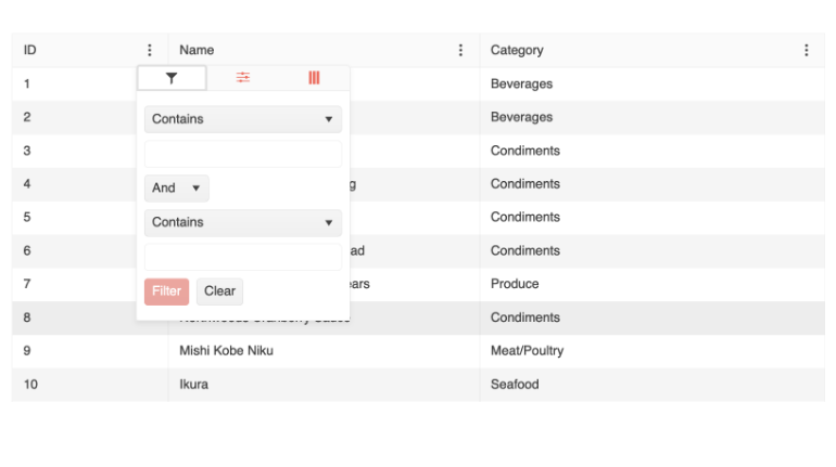 Grid column menu shows filter, more, and columns visibility