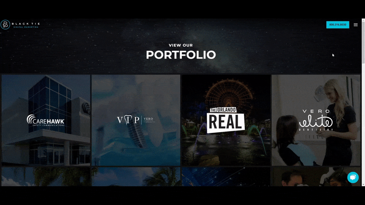 A GIF shows what the Portfolio page for Black Tie Digital looks like. There are 22 client logos against darkened project images. Hovering over the logo cards opens up a Case Study page for each project.