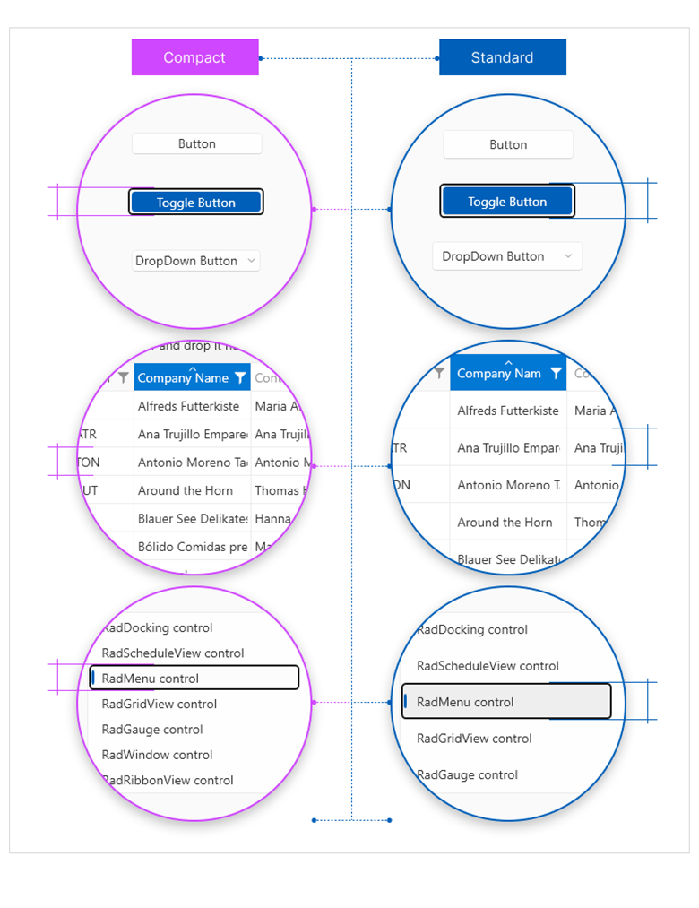 Compact vs. Standard theme comparison shows button styles, table or grid styles, and menu styles