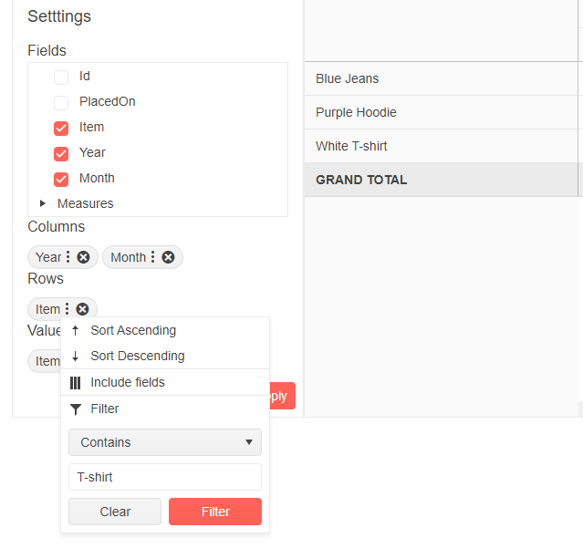 A list of columns, rows, and values. There is a menu open which shows options for a field called Item - listed in the rows section - including options to sort ascending, and descending. There is also a filter sub-menu. In the filter box the word T-Shirt has been entered