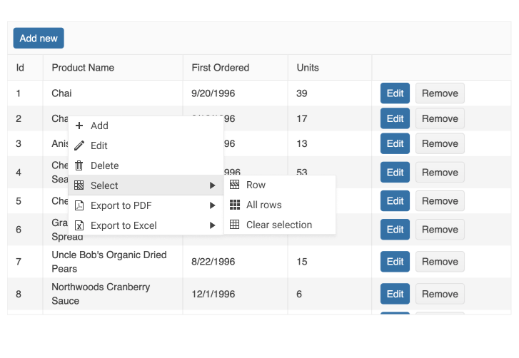 Menu shows add, edit, delete, select, export to PDF, export to Excel. Select is open with options for row, all rows, clear selection