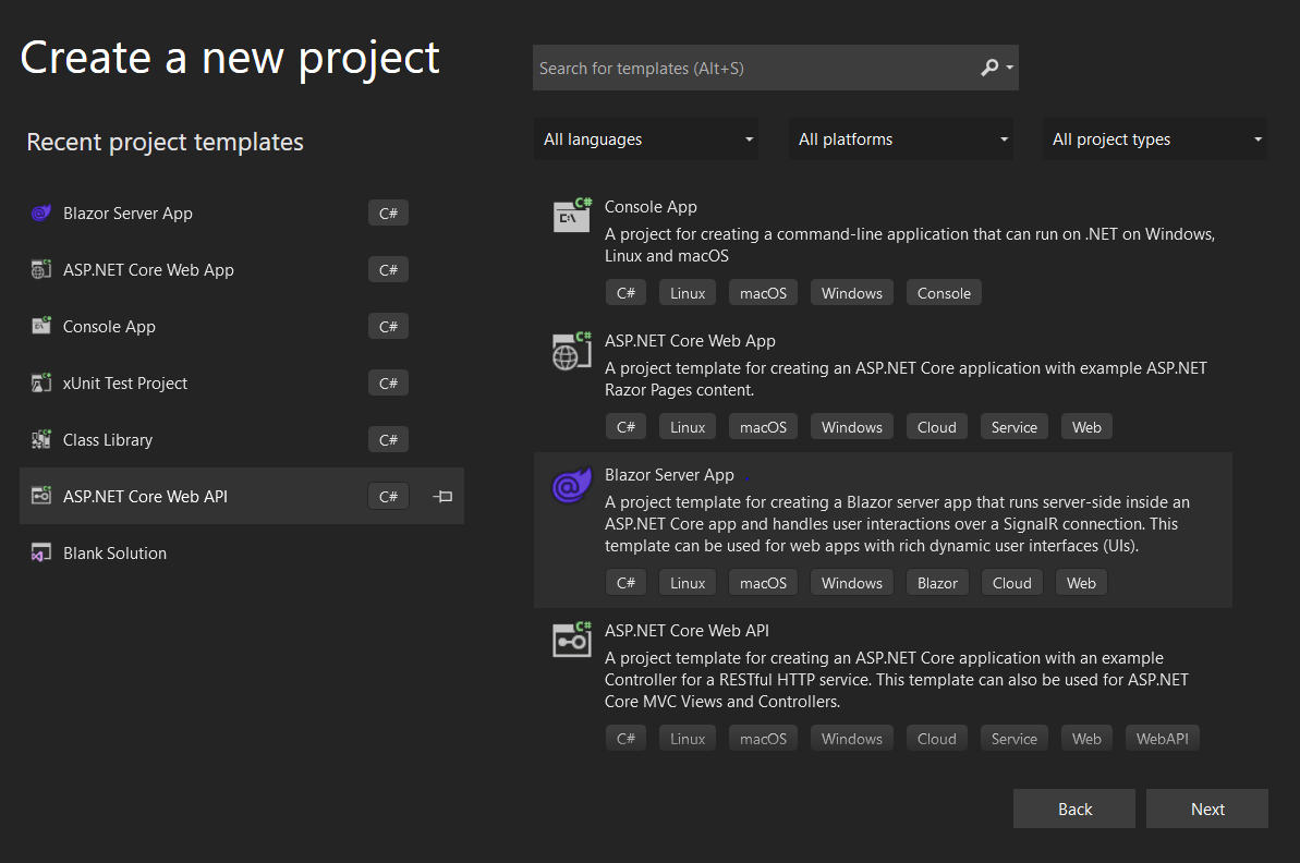 Create a new project screen, selecting Blazor Server app