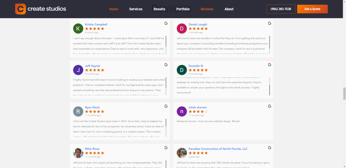 A snapshot from the Reviews/Testimonials section on the home page for Create Studios. They are all Google reviews that show the user’s name, photo (if they have one), star-rating, and quote.