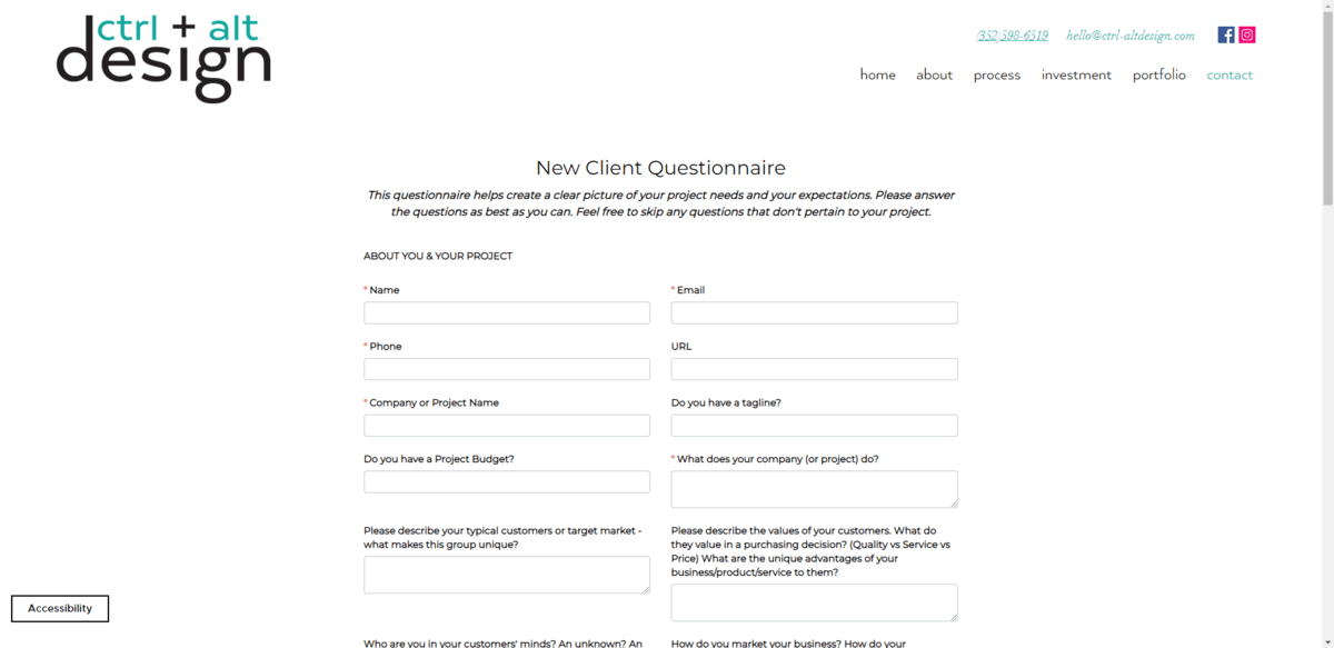 The website for Ctrl + Alt Design invites prospects to either fill out the basic Contact form or this New Client Questionnaire. As the top of the form explains: “This questionnaire helps create a clear picture of your project needs and your expectations. Please answer the questions as best as you can. Feel free to skip any questions that don't pertain to your project.”