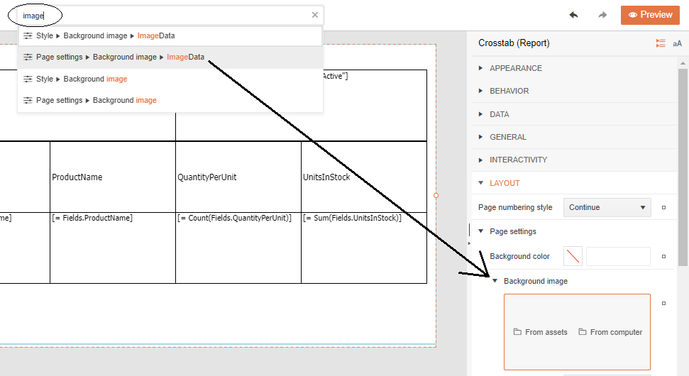 The Web Report Designer with 'image' entered in the textbox in the top centre of the designer window (the text is circled). A dropdown list shows options with the text 'image' with the section and subsections they’re part of. e.g. Style - Background image - ImageData. The second item o the list is selected and arrow extends from that choice to the panel on the right. In the panel on the right the sections/subsections containing that option are expanded and the selected option is displayed.