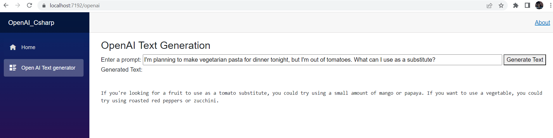 Prompt: I'm planning to make vegetarian pasta for dinner tonight, but I'm out of tomatoes. What can I use as a substitute? Generated text: If you're looking for a fruit to use as a tomato substitute, you could try using a small amount of mango or papaya. If you want to use a vegetable, you could try using roasted red peppers or zucchini