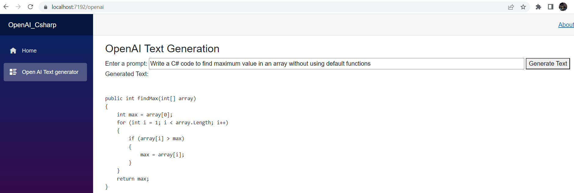 Prompt: Write a C# code to find maximum value in an aarray without using default functions. Generated text shows code