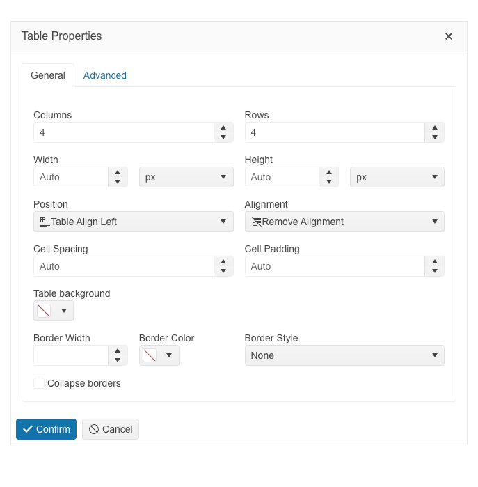 Kendo UI for jQuery Editor Table Wizard shows cell properties