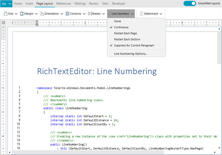 An editor with code example shows line numbering