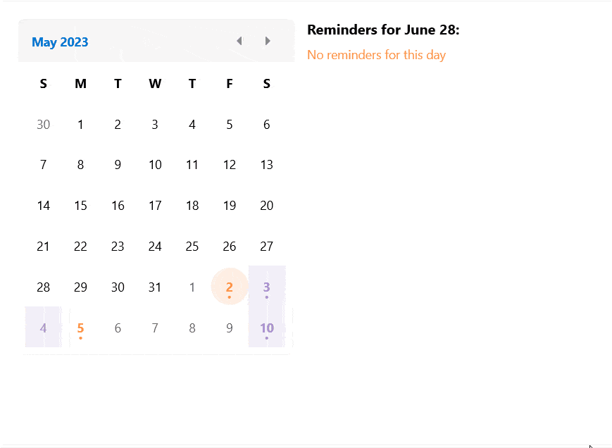 A monthly overview shows dots for reminders, stars for birthdays. Clicking on the date opens the details. Arrows allow easy flipping between months