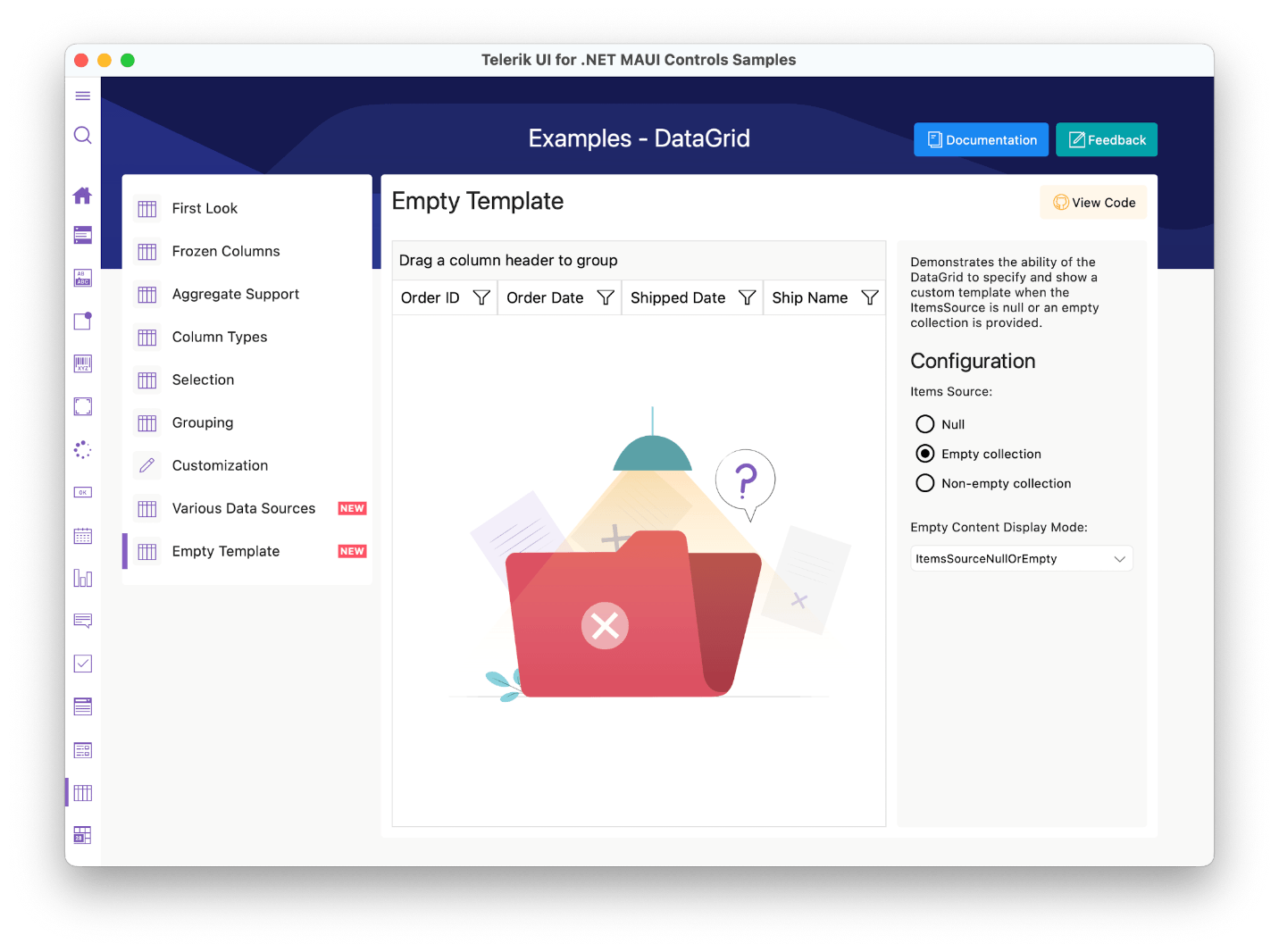 DataGrid empty template shows an illustration of a file folder with nothing inside and a question mark