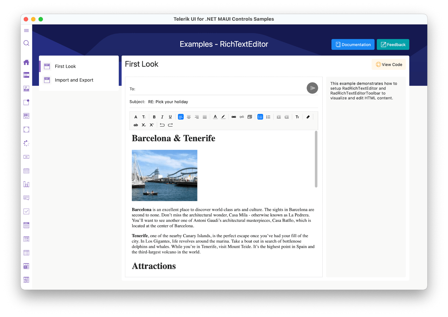 Rich text editor shows an email with text styling and an image