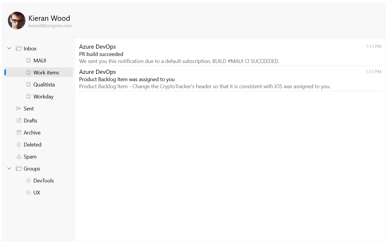 An email inbox has four nested folders under Inbox. Work items is one of these folders, and there are two emails inside it.