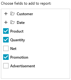 Selection window for choose fields to add to report has nested files