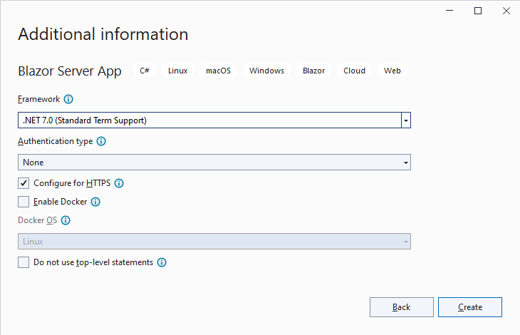 Project Creation Dialog including input fields for the framework version, authentication type, configuring HTTPS, enabling Docker, using top-level statements.