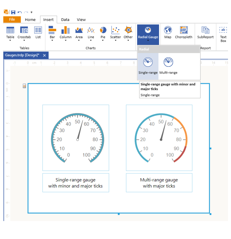 Radial gauge allows you to show single range or multi-range