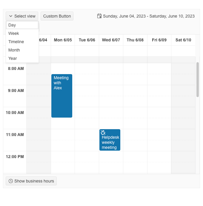 Scheduler has view selection for day, week, timeline, month, year; custom button; date range