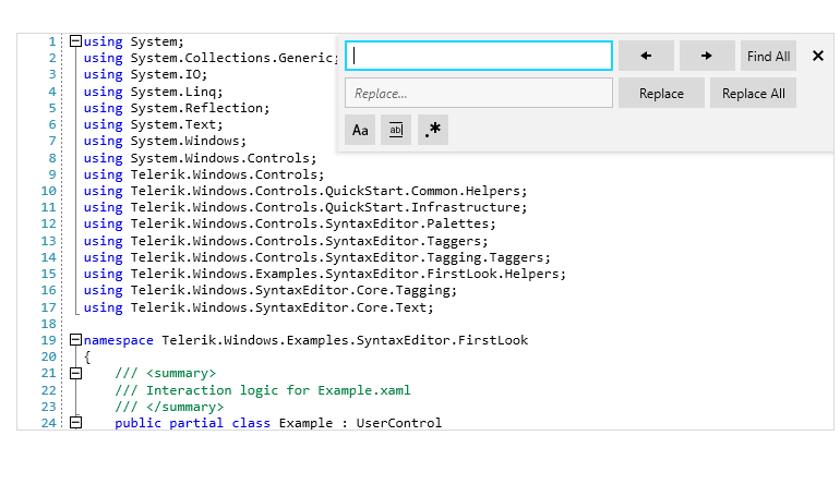 On a coding screen, the search window is up. It has a search, a replace field, and buttons for next/previous, find all, replace, replace all, match case, match whole word, and regular expression