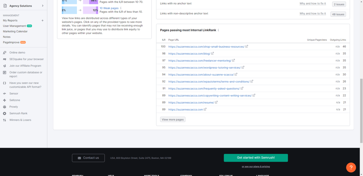 SEMrush lists pages passing most internal linkrank