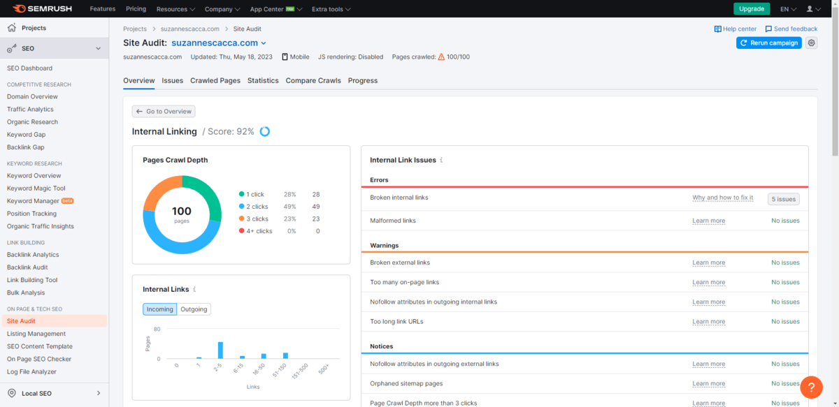 SEMrush site audit for suzannescacca.com reveals internal linking score is 92%