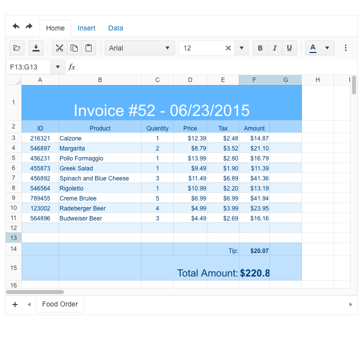 Spreadsheet of an invoice