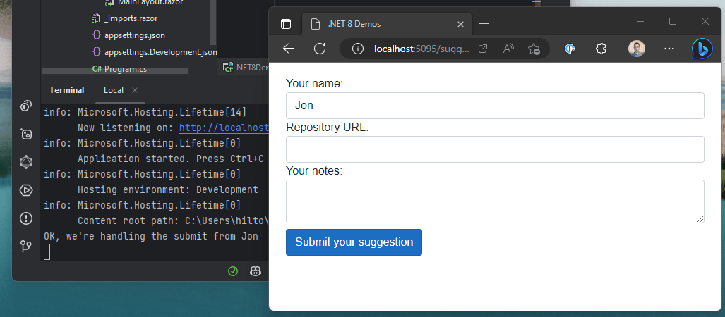A form with the Name input prefilled with the name Jon