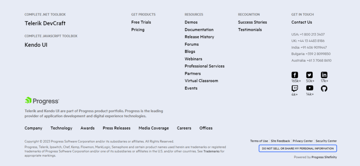 The footer on the Telerik website has internal links to top-level navigation pages along with others related to Resources, Recognition, Contact, company info, and terms of service.