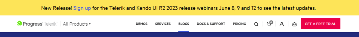 A screenshot of the Telerik website header. It shows different types of internal links, including the Progress Telerik logo links, the navigation menu links, the ecommerce links, the “Get a Free Trial” button link, and the “Sign up” link in the notification banner.