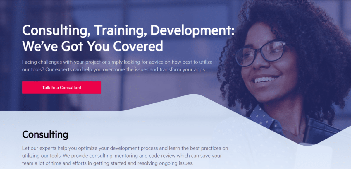 The hero section on on the “Services” page on the Telerik website shows a happy woman next to text that reads “Consulting, Training, Development: We’ve Got You Covered”. There’s a reddish-pink button below it that says “Talk to a Consultant”.