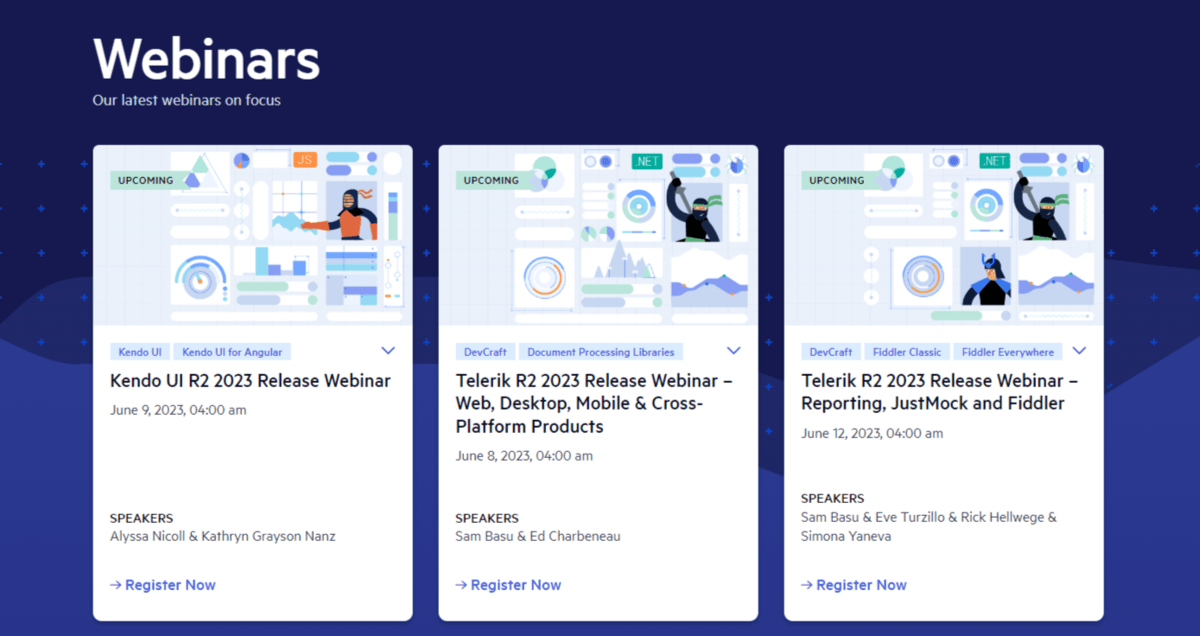 On the Telerik Webinars page are three white rectangular boxes. They contain details for three upcoming webinars related to Kendo and Telerik. When users click anywhere on the box, it takes them to the corresponding registration page.