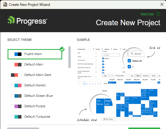 In the Create New Project window, select a theme, Fluent-Main is selected. Examples of the theme are shown.