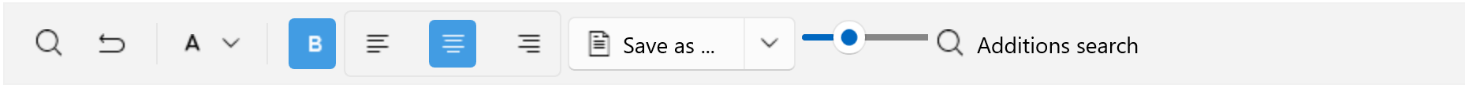 toolbar shows options to search, undo, change font, bold, alignment, save as, zoom, additions search