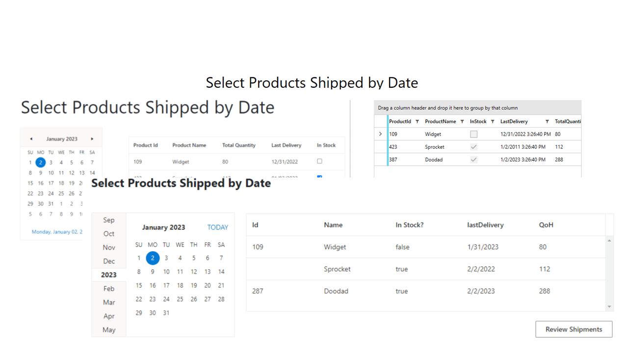 A collage of screens labeled “Products Shipped by Date” showing various calendars and a lists of products from different platforms which all look very much alike.