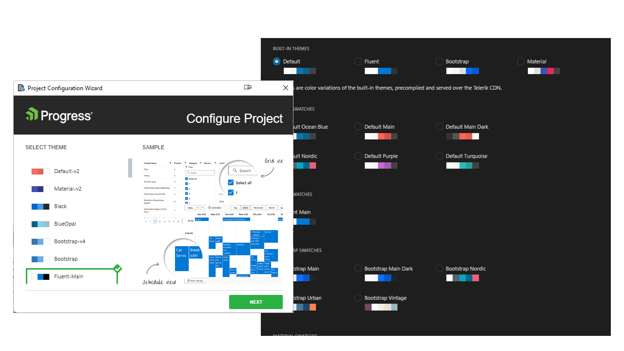 Two screenshots from the Progress wizards that allow the user to pick a visual theme for their project. One shows the screen that’s included when configuring a project showing a variety of themes the Fluent theme is selected) and another screenshot shows a settings screen where the user can pick from color variations on various themes (the default and Bootstrap theme swatches are shown) 