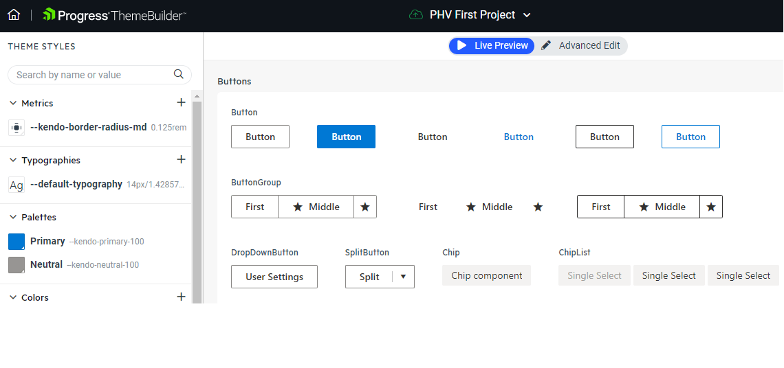A screenshot of Progress ThemeBuilder site showing a variety of UI widgets in the main area and, down the left side, various theme styles. At the top of the dialog the option that lets the user select  ‘Advanced Edit’ has not yet been selected.