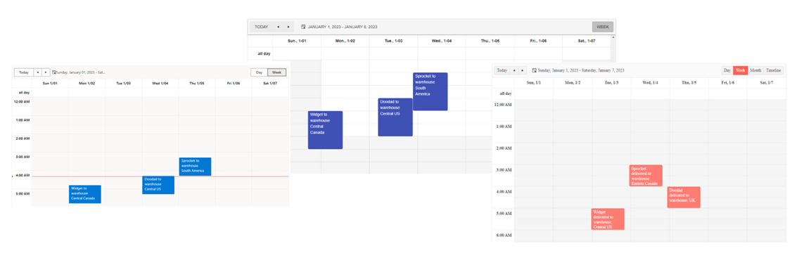 Screenshots of three different calendar/scheduling tools showing various appointments. All look very much alike (two even use the same colors for their appointments).