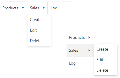 Two menus. One is a horizontal bar with three choices and a drop down submenu extending from the middle menu with three more choices. The other menu has its three main choices organized vertically, with the submenu with it three choices popping out the right of the main menu.