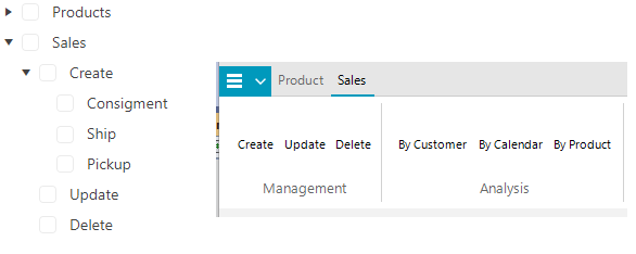 Two menus. The first one is a Treeview showing a three-level hierarchy. The top level has two choices (Product and Sales). The second choice (Sales) has been expanded to show three more choices: Create, Update, and Delete. The Create choice has been expanded to throw three more choices: Consignment, Ship, and Pickup. The second menu resembles the Microsoft Office and shows two top-level choices (Products and Sales). The second choice (Sales) is selected to show two menu groups: Management and Analysis. Both groups contain multiple items (the Management group, for example, has Create, Update, and Delete.