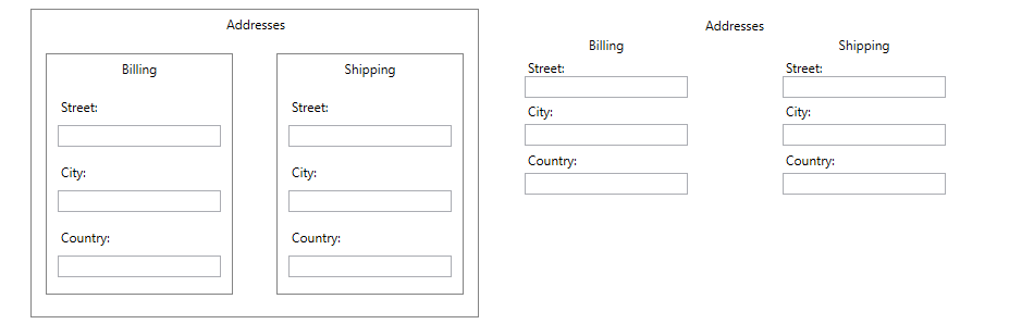 Two examples of grouping address information. One example encloses shipping and billing addresses in their own boxes and wraps both sets of addresses in another box. The other box puts the various components of each address (textboxes for city, street, and country) closer together but puts the components for the billing and shipping addresses further apart.