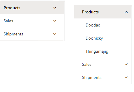 Two Screenshots. The first screenshot shows a list of three items (Products, Sales, and Shipments) with the down arrow icon at the right end of each item. In the second screenshot, the Products item has been expanded to show a list of products while the other two items remain closed.