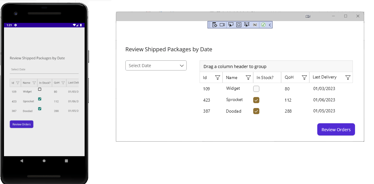 The same screen on a smartphone and in a desktop application. In both versions a heading (“Review Shipped Packages by Date”) is at the top. In the smartphone app, a select box with a “Select Date” watermark, is under the heading and, under that, a list of products. In the desktop application, the select is a dropdown list (still with the “Select Date” watermark) on the left side of the screen with the list of products to its right.