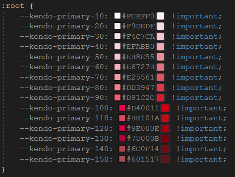 List of colors like the code, e.g., --kendo-primary-10: #FCEFF0, and includes squares showing a preview of the color