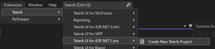 Extensions menu - Telerik - Telerik UI for ASP.NET Core is selected