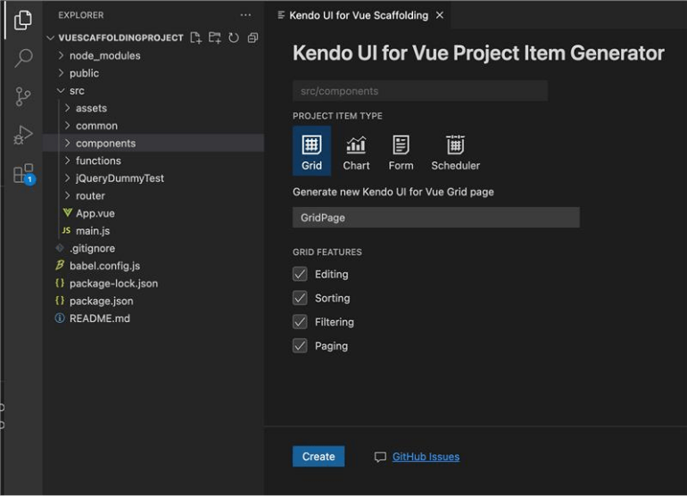 VS Scaffolder with options for editing, sorting, filtering, paging