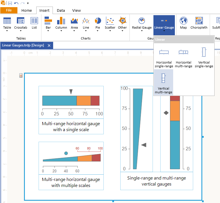 linear gauge showing options for horizontal single-range, horizontal multi-range, vertical single-range, and vertical multi-range